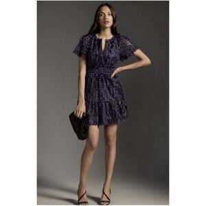 Anthropologie The Somerset Floral Appliqué Edition MINI Dress NAVY BLUE S